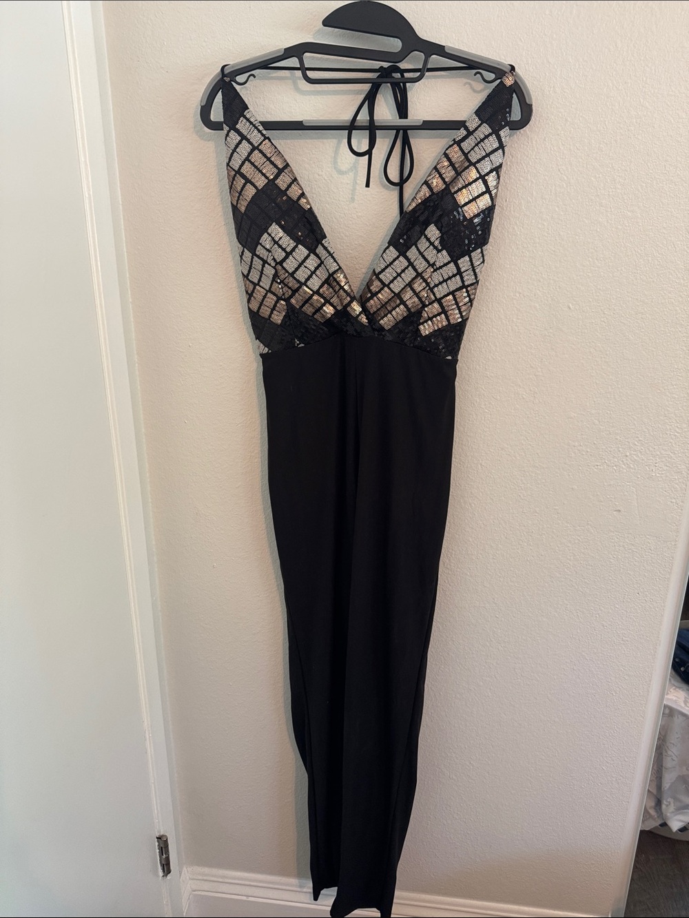 Black Halter Evening Romper with Silver & Gold Sequin Bodice